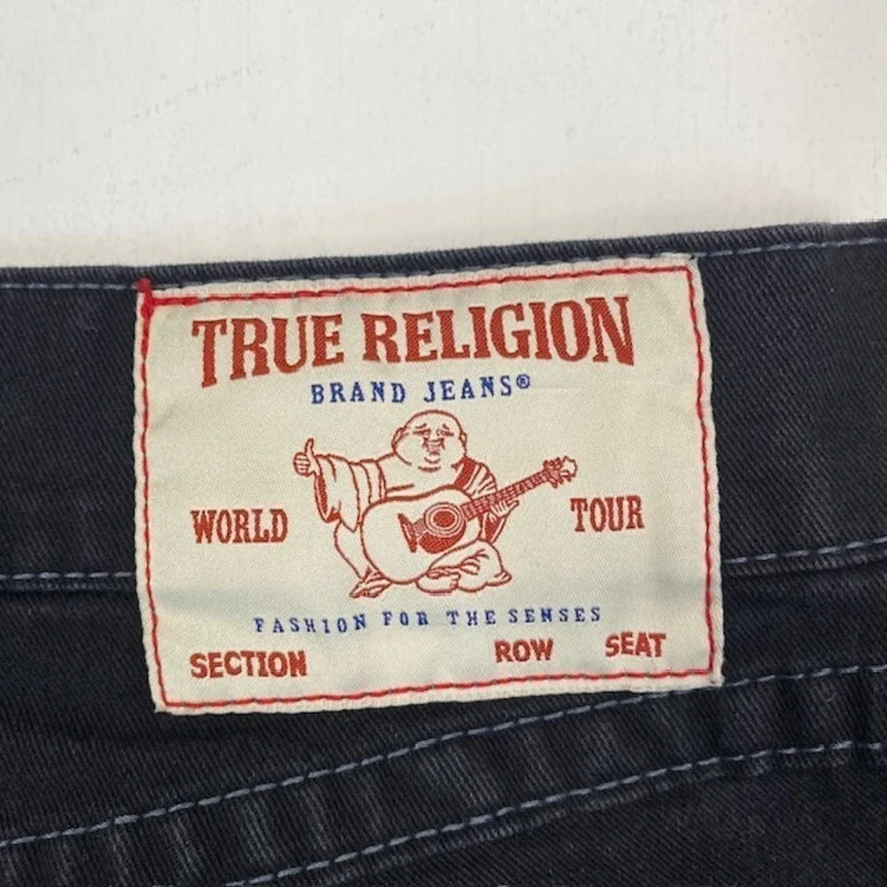 True Religion Ricky Relaxed Straight Black Jeans Mens 36 Contrast Stitch Flap SN